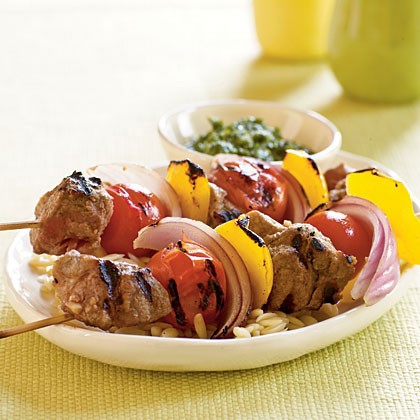Spiced lamb and vegetable kebabs with cilantro-mint sauce