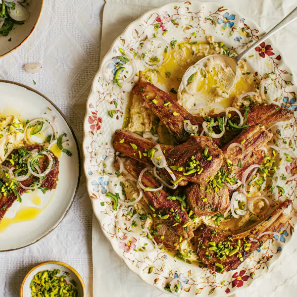 Spiced lamb chops with hummus