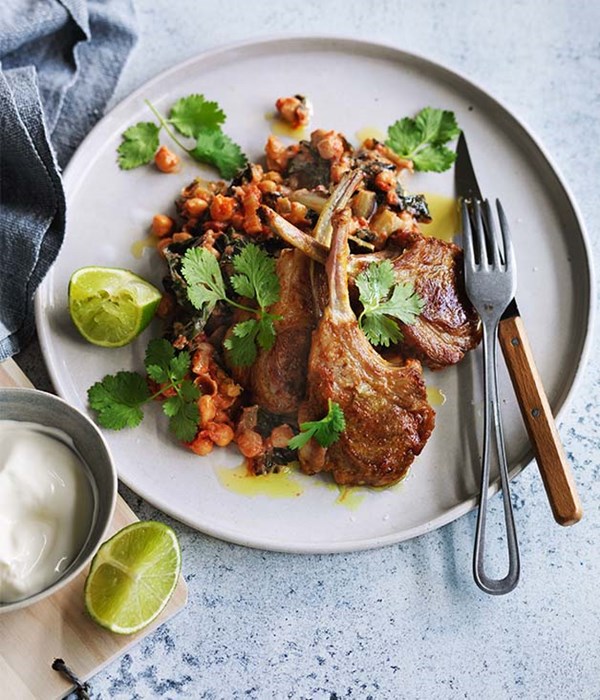 Spiced lamb chops with silverbeet, chickpeas and yoghurt