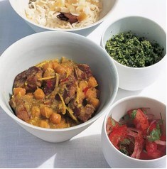 Spiced lamb curry with chickpeas, green coconut sambal and tomato-and-red-onion-pickle