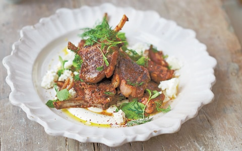 Spiced lamb cutlets with dates, feta, sumac and tahini