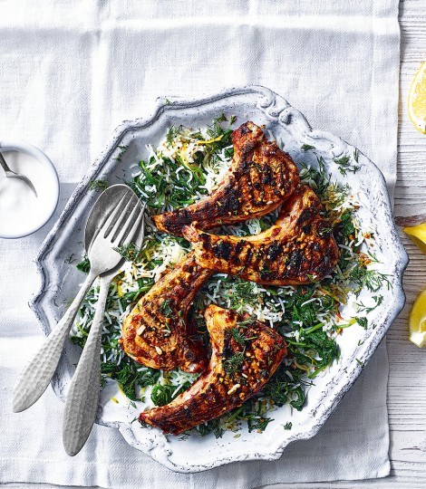 Spiced lamb cutlets with rice and spinach salad