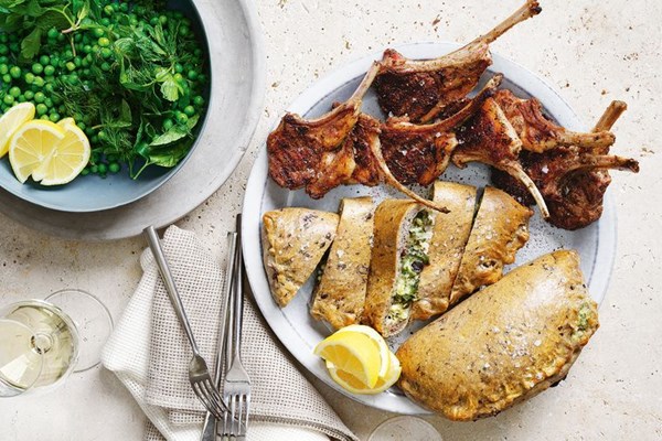 Spiced lamb cutlets with spanakopita flatbread