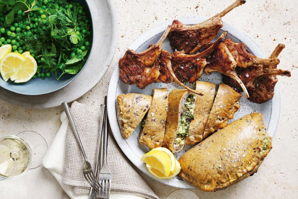 Spiced lamb cutlets with spanakopita flatbread