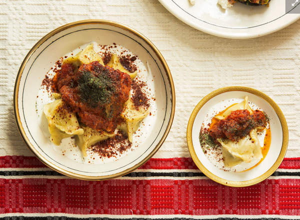 Spiced lamb dumplings with yogurt and brown butter tomato sauce (Manti)