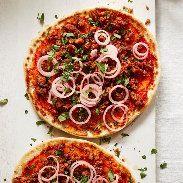 Spiced lamb flatbreads with quick-pickled shallots