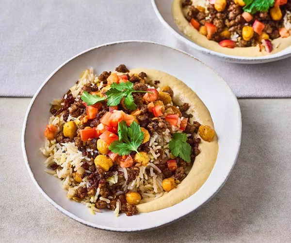 Spiced lamb hummous bowls