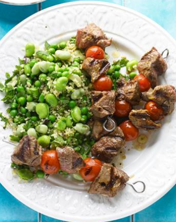 Spiced lamb kebabs with pea and broad bean tabbouleh