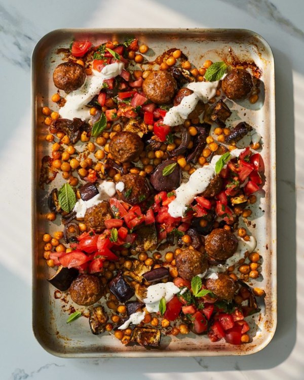 Spiced lamb meatballs with aubergine and chickpeas