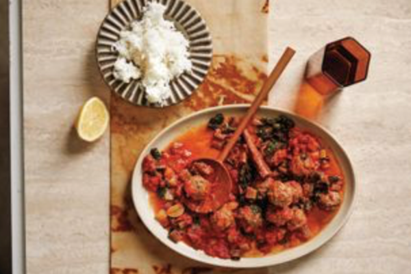 Spiced lamb meatballs with chard, celery and cinnamon