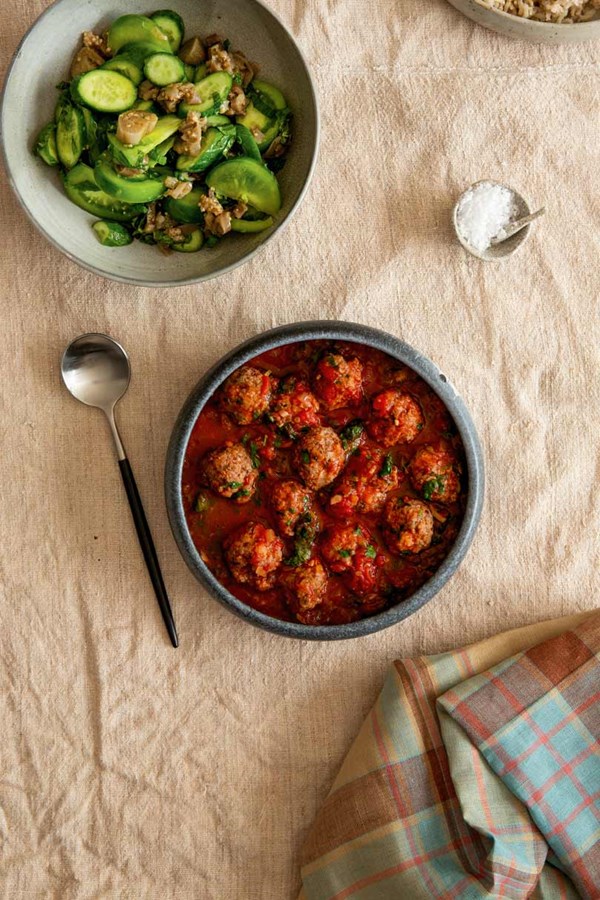 Spiced lamb meatballs with harissa sauce & eggplant pickle salad