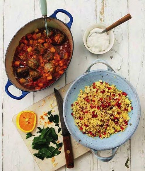 Spiced lamb meatballs with pumpkin, apricot and tomato stew