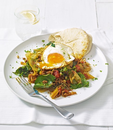 Spiced lamb mince with onions, chard & fried eggs