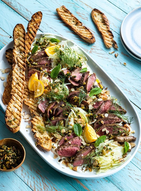 Spiced lamb short loins with fennel and olive salsa