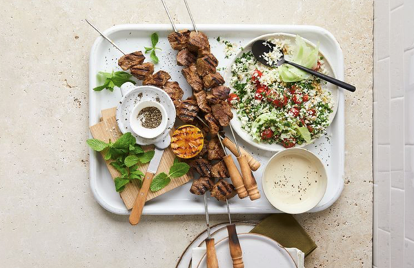 Spiced lamb skewers with cauliflower tabbouleh