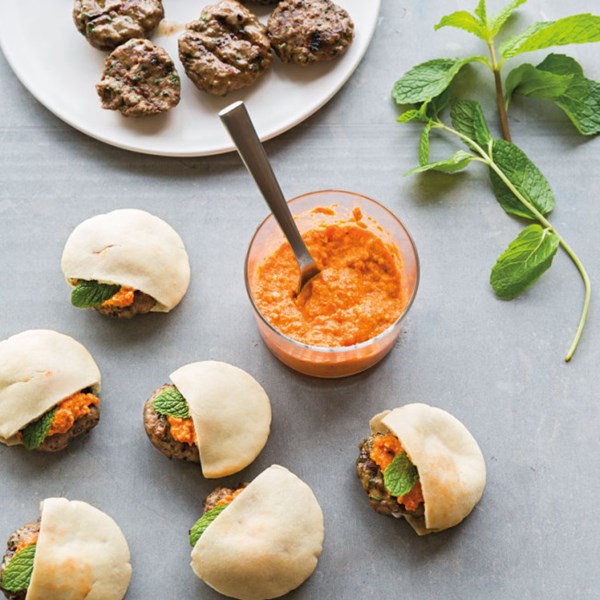 Spiced lamb sliders with romesco sauce