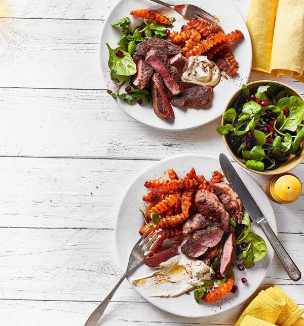 Spiced lamb steaks with squash chips