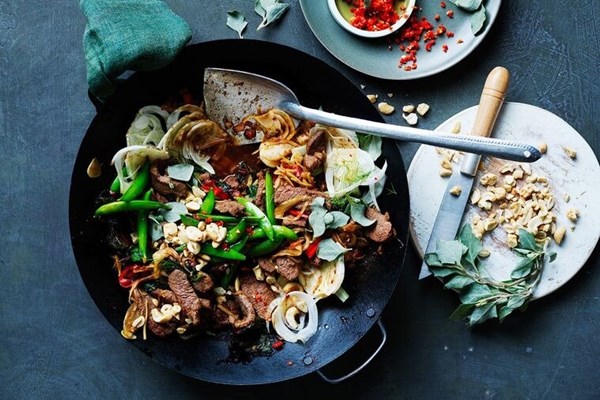 Spiced lamb stir-fry with spring greens