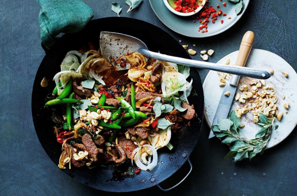 Spiced lamb stir-fry with spring greens