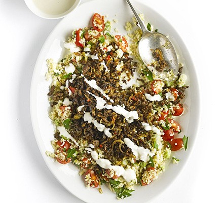 Spiced lamb with bulghar & tahini dressing