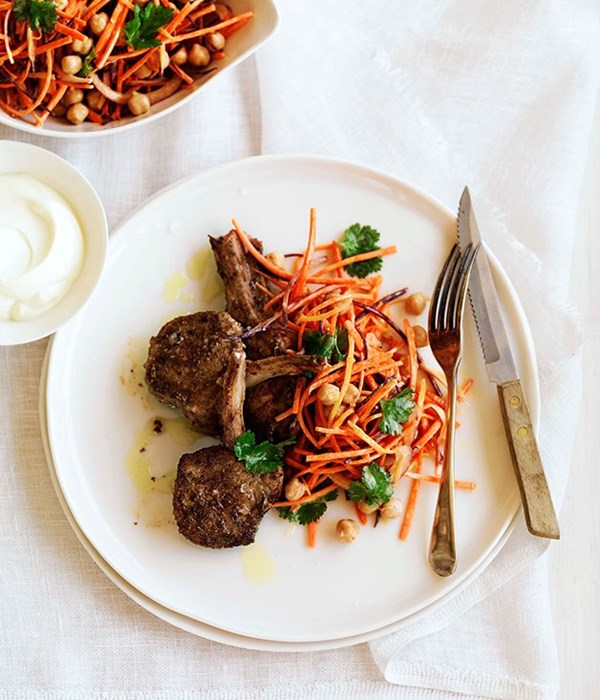 Spiced lamb with carrot and chickpea salad