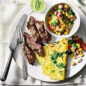 Spiced lamb with coriander omelette and sweetcorn salsa