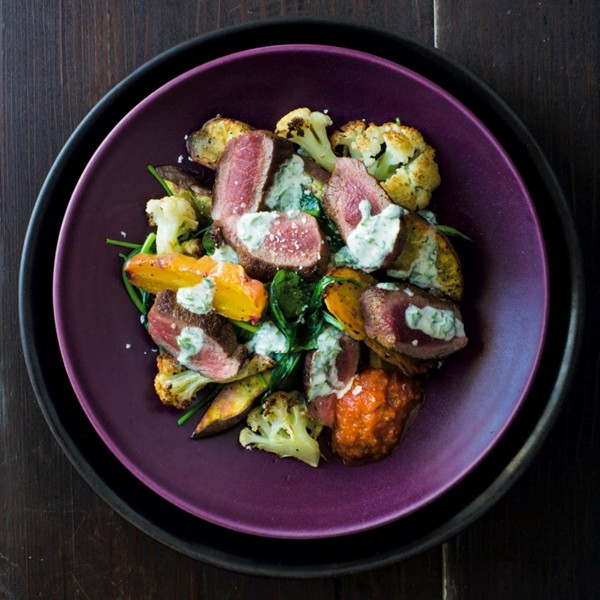 Spiced lamb with roast vegetables, kasundi and coriander yoghurt
