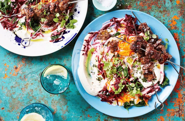 Spiced lamb with yoghurt and vegetable salad