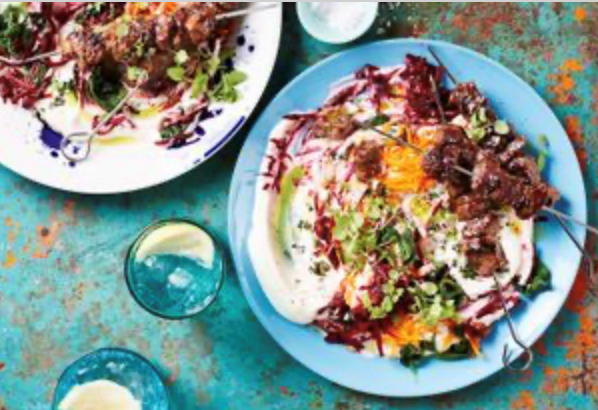 Spiced lamb with yoghurt and vegetable salad
