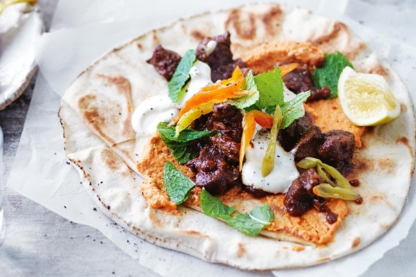 Spiced lamb wraps with roast capsicum hummus