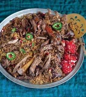 Spiced leg of goat with rice in pomegranate broth (Tabahag)