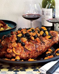 Spiced leg of lamb with olives, apricots and lemons