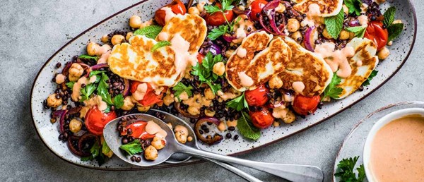 Spiced lentil and chickpea salad with halloumi