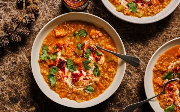 Spiced lentil and pumpkin soup with harissa