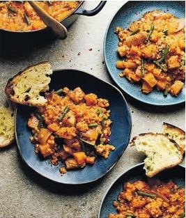 Spiced lentil casserole with shallots & root vegetables