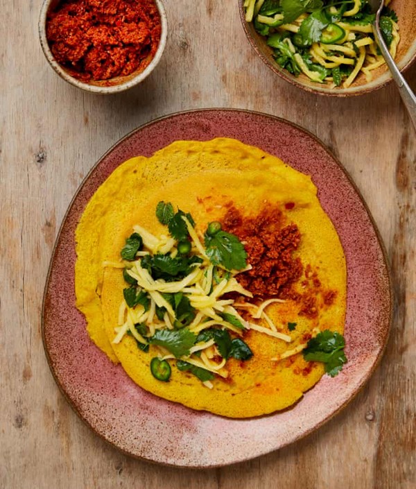 Spiced lentil pancakes with coconut chutney