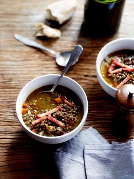 Spiced lentil soup with crisp bacon
