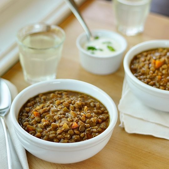 Spiced lentil soup with lemon yogurt