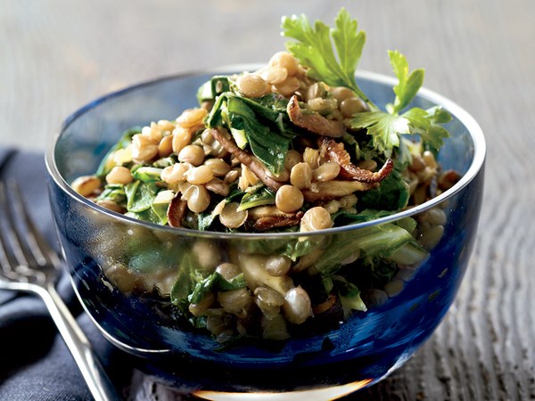 Spiced lentils with mushrooms and greens [Jill Donenfeld]