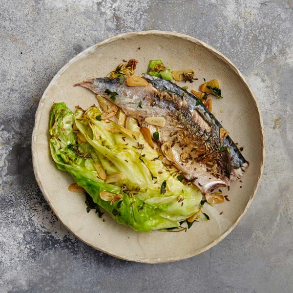 Spiced mackerel and hispi cabbage