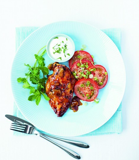 Spiced mango chicken with tomato and spring onion salad