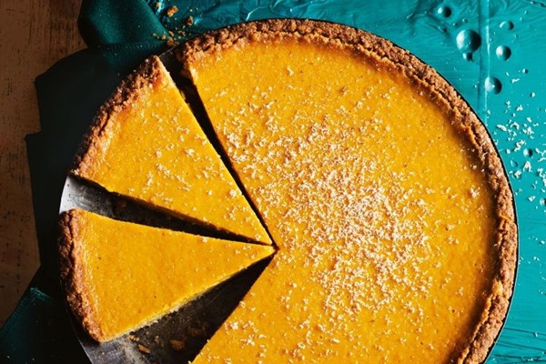 Spiced maple pumpkin pie with waffle crust