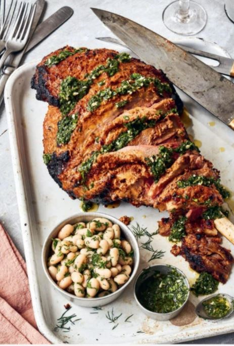 Spiced marinated leg of lamb with white beans and mint chutney