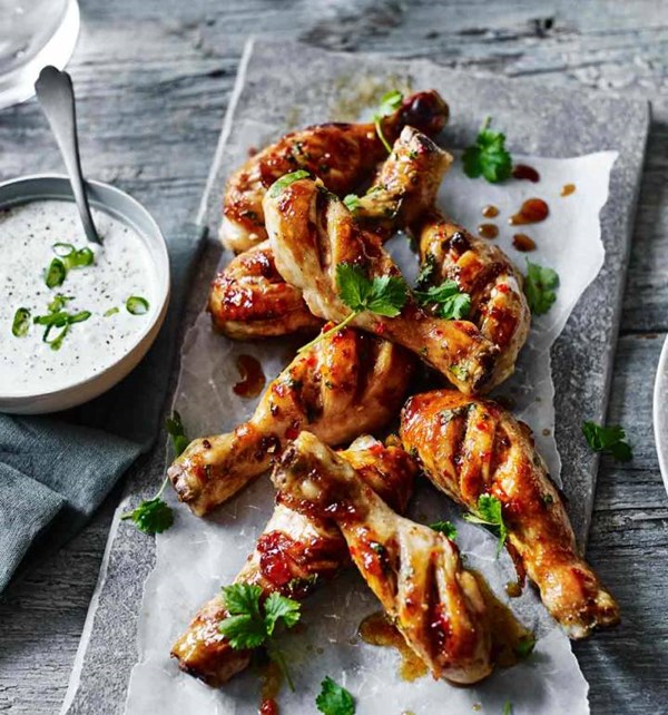 Spiced marmalade chicken drumsticks with blue cheese dipping sauce
