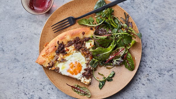 Spiced-meat-and-feta pizza