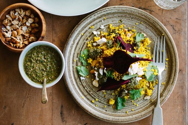 Spiced millet pilaf with beetroot, feta & mint (with mint and beetroot green pesto)