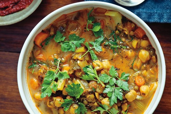 Spiced Moroccan vegetable soup with chickpeas, cilantro, and lemon (Harira)
