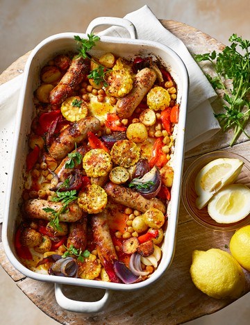 Spiced new potato and sausage traybake