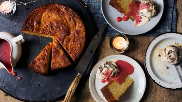 Spiced orange cake with Christmas pudding ice cream