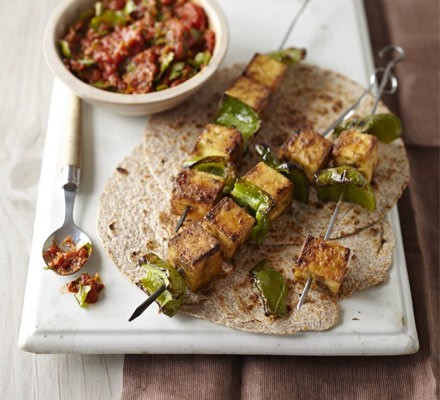 Spiced paneer skewers with green chilli sauce